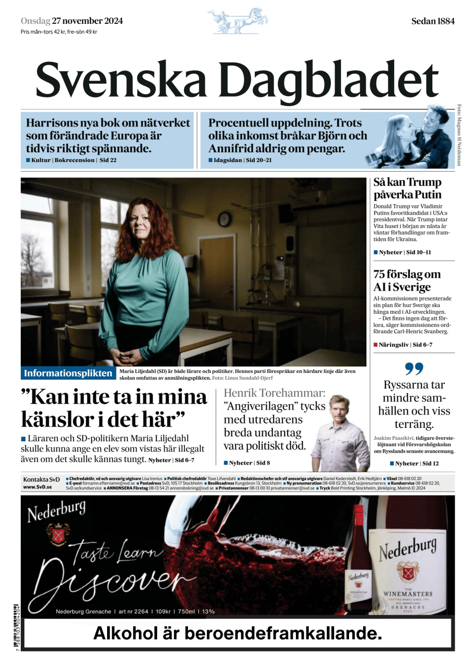 Prima-pagina-Svenska Dagbladet-edizione-di-oggi-20241127